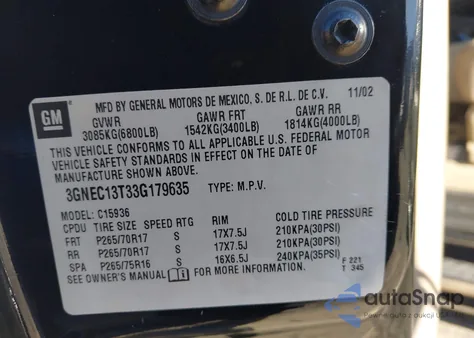 2003 Chevrolet Avalanche 1500 from USA, damaged, VIN 3GNEC13T33G179635